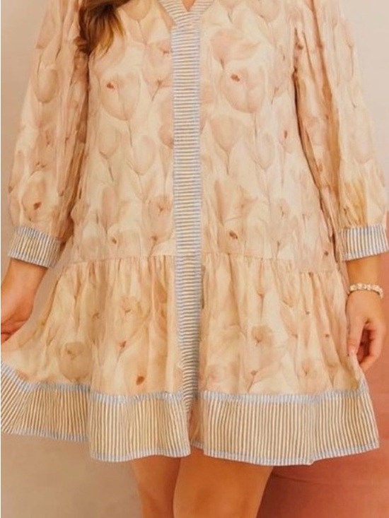entro Dresses & Skirts - entro Cream Floral Midi Dress with Blue-Trim